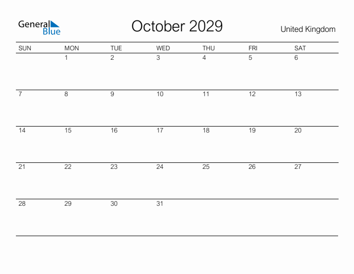 Printable October 2029 Calendar for United Kingdom