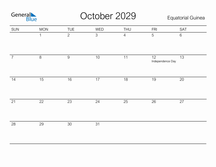 Printable October 2029 Calendar for Equatorial Guinea