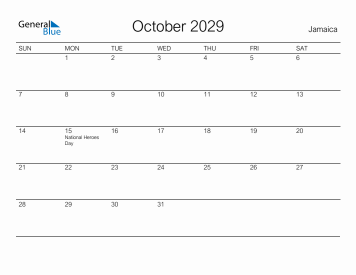 Printable October 2029 Calendar for Jamaica