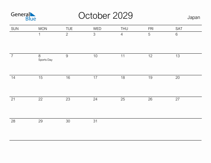 Printable October 2029 Calendar for Japan