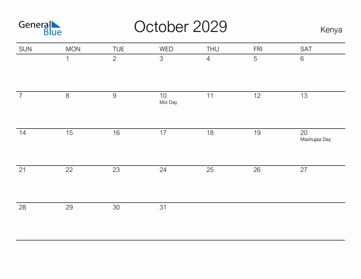 Printable October 2029 Calendar for Kenya