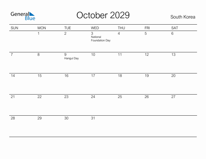 Printable October 2029 Calendar for South Korea