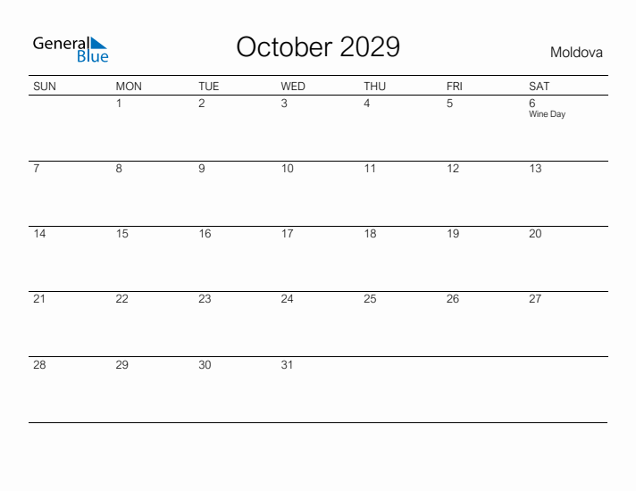 Printable October 2029 Calendar for Moldova