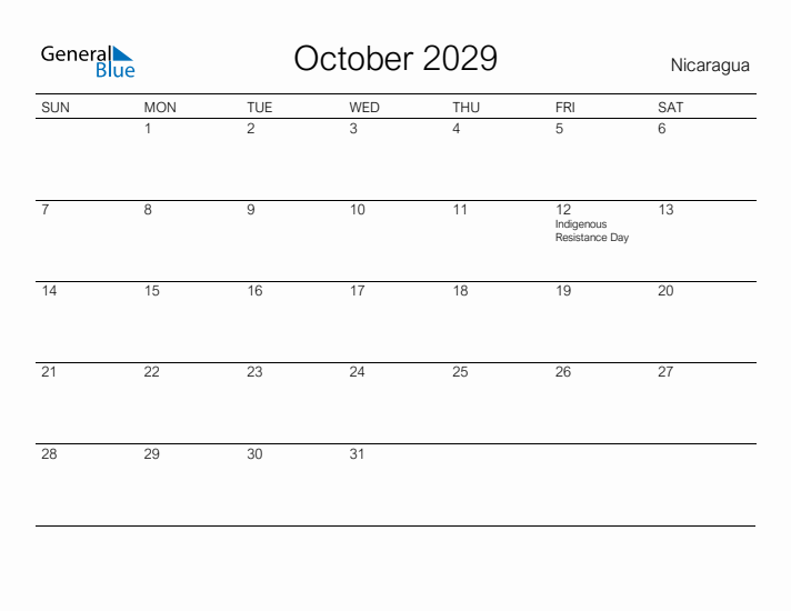 Printable October 2029 Calendar for Nicaragua