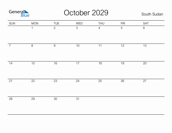 Printable October 2029 Calendar for South Sudan