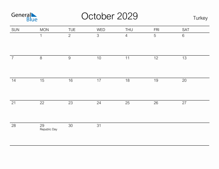 Printable October 2029 Calendar for Turkey