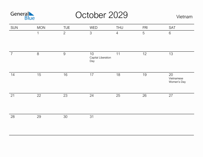 Printable October 2029 Calendar for Vietnam