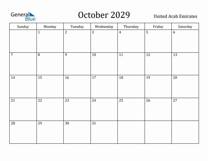 October 2029 Calendar United Arab Emirates