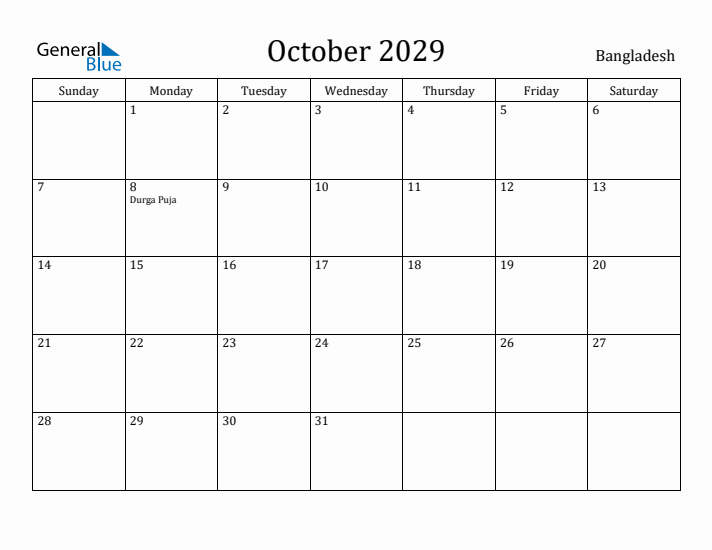 October 2029 Calendar Bangladesh