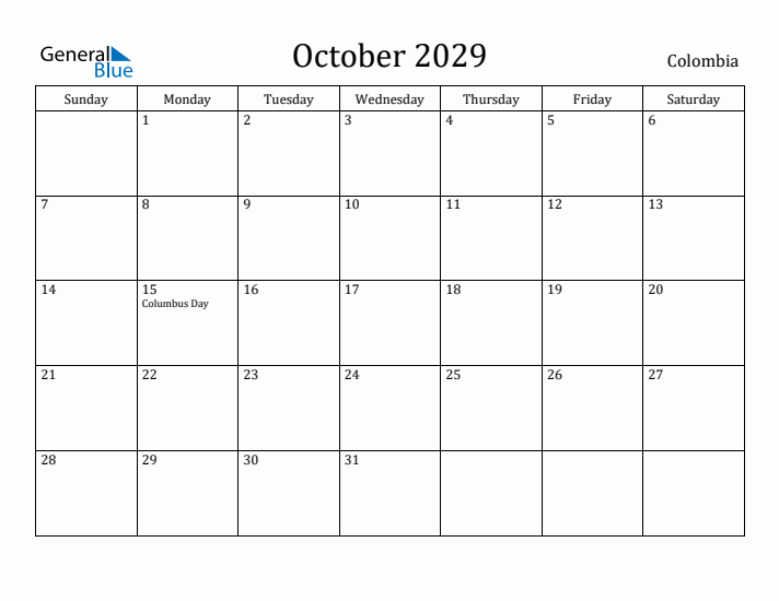 October 2029 Calendar Colombia