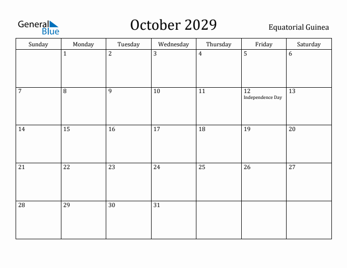 October 2029 Calendar Equatorial Guinea