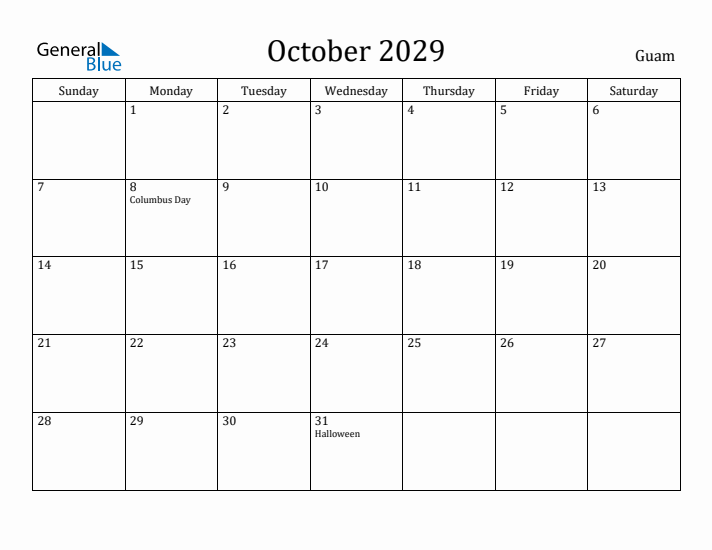 October 2029 Calendar Guam