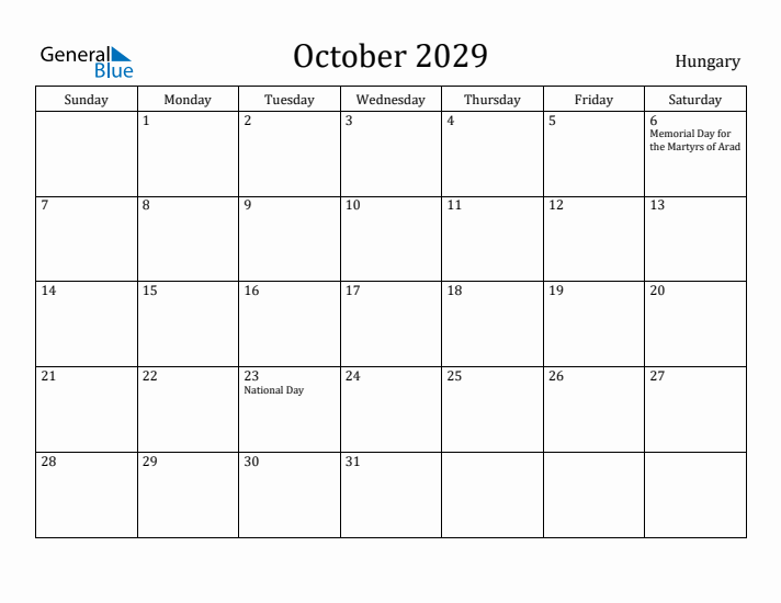 October 2029 Calendar Hungary