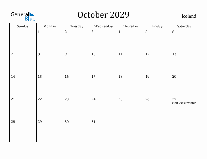 October 2029 Calendar Iceland