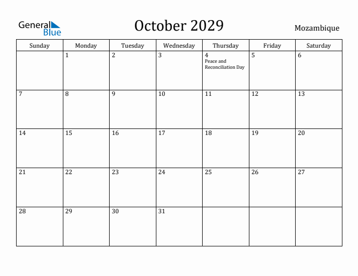 October 2029 Calendar Mozambique