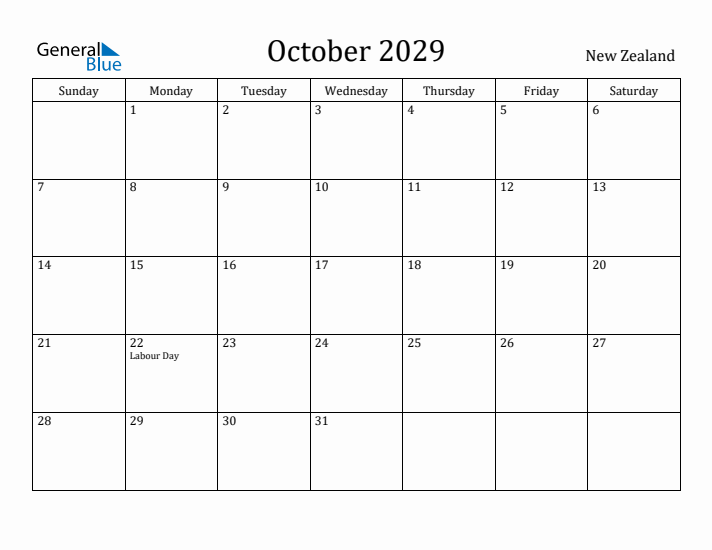 October 2029 Calendar New Zealand