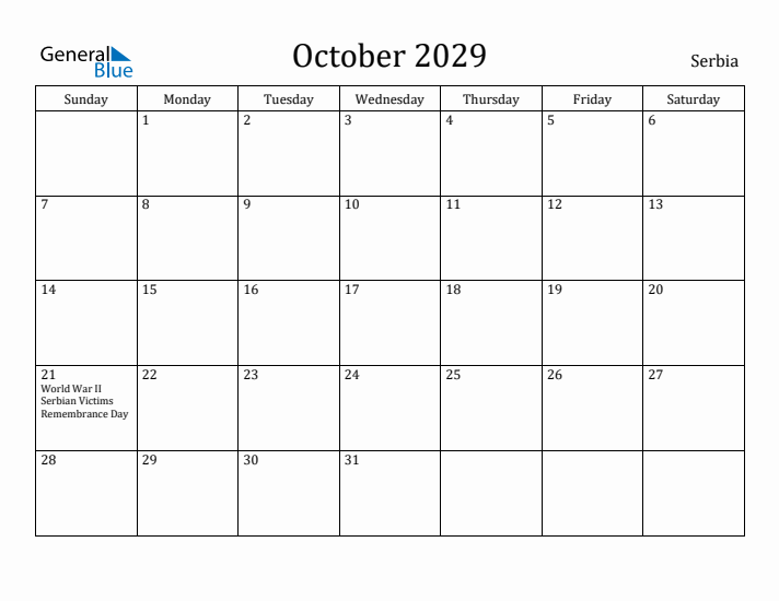 October 2029 Calendar Serbia