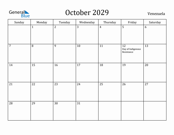October 2029 Calendar Venezuela