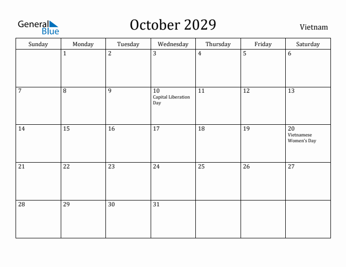 October 2029 Calendar Vietnam