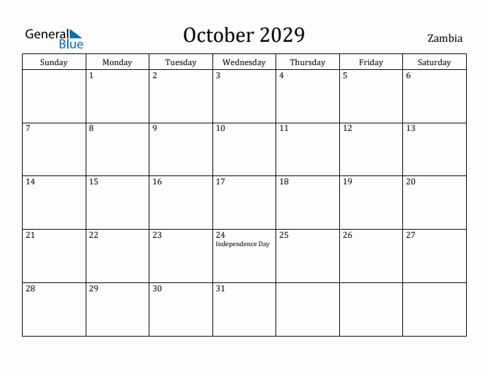 October 2029 Calendar Zambia
