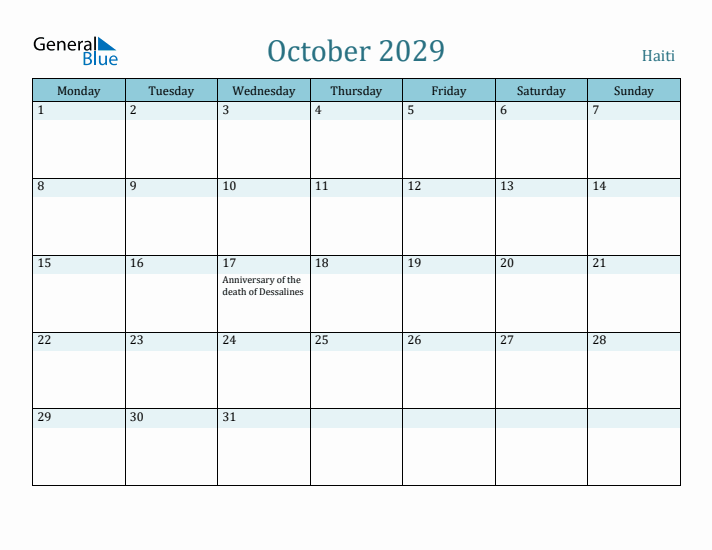 October 2029 Calendar with Holidays