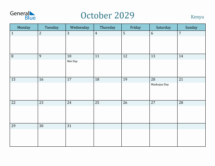 October 2029 Calendar with Holidays