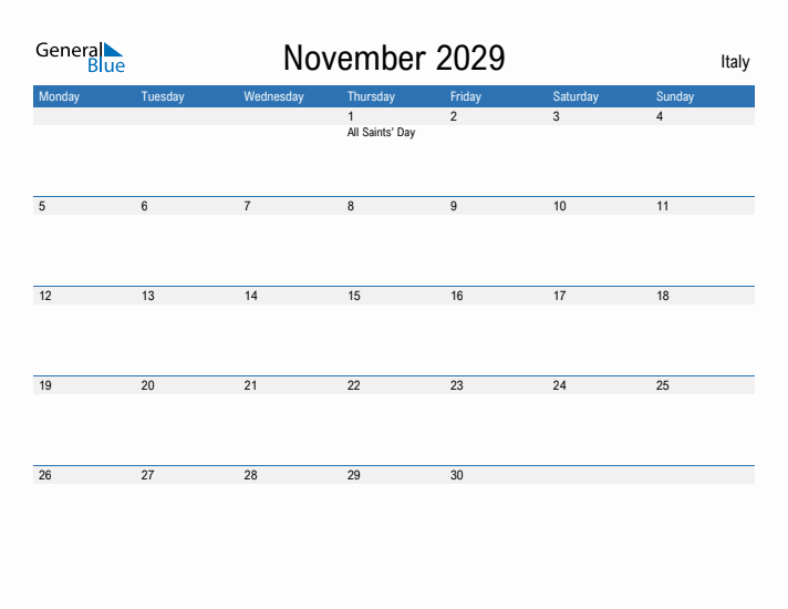 Fillable November 2029 Calendar