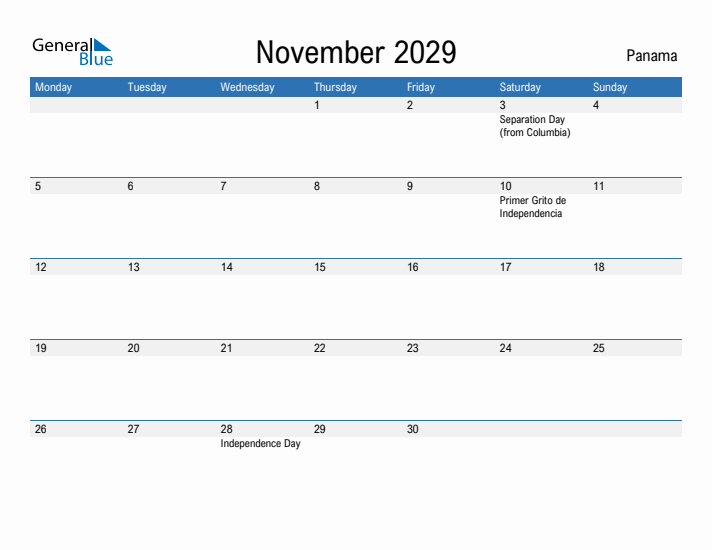 Fillable November 2029 Calendar