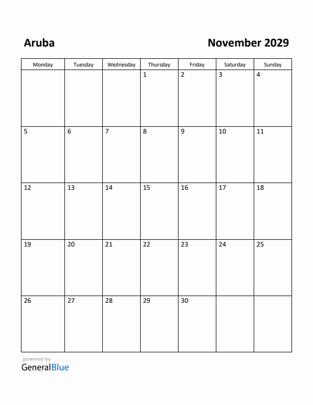 November 2029 Calendar with Aruba Holidays