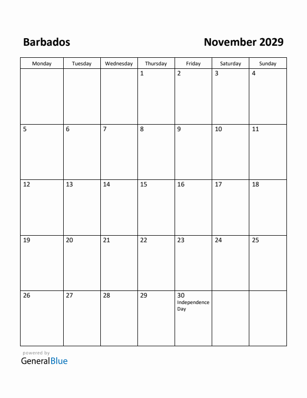 November 2029 Calendar with Barbados Holidays