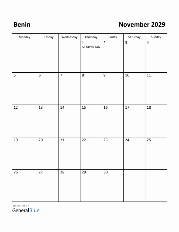 November 2029 Calendar with Benin Holidays