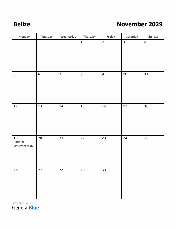 November 2029 Calendar with Belize Holidays