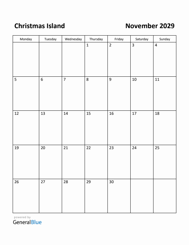 November 2029 Calendar with Christmas Island Holidays