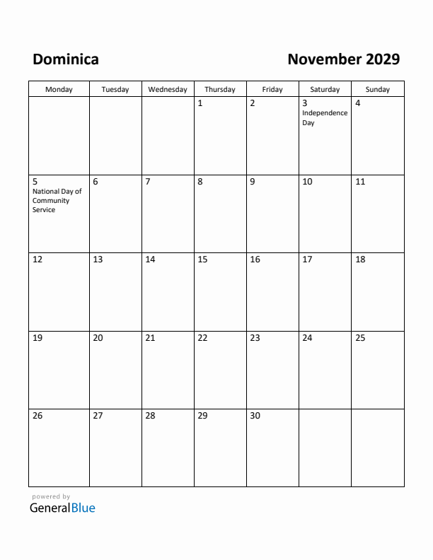 November 2029 Calendar with Dominica Holidays