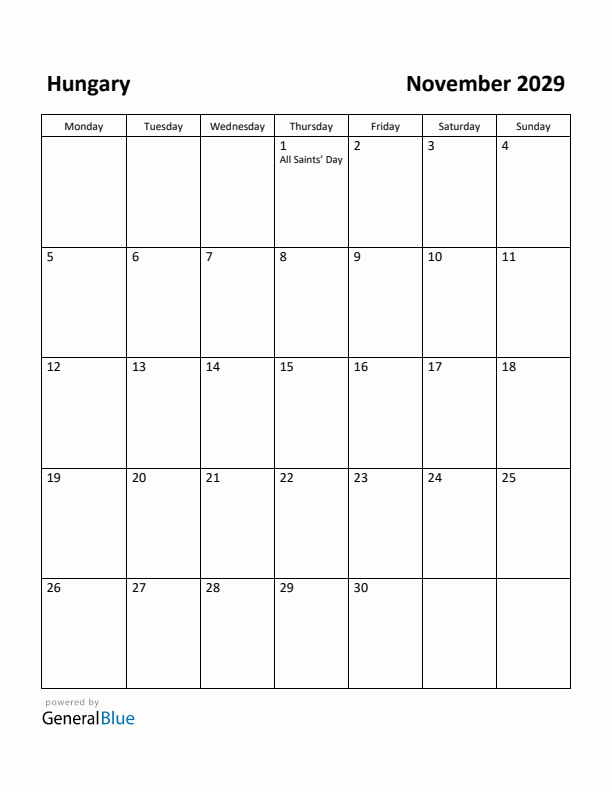 November 2029 Calendar with Hungary Holidays