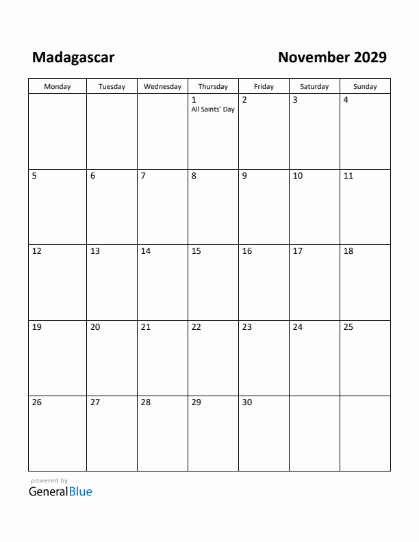 November 2029 Calendar with Madagascar Holidays