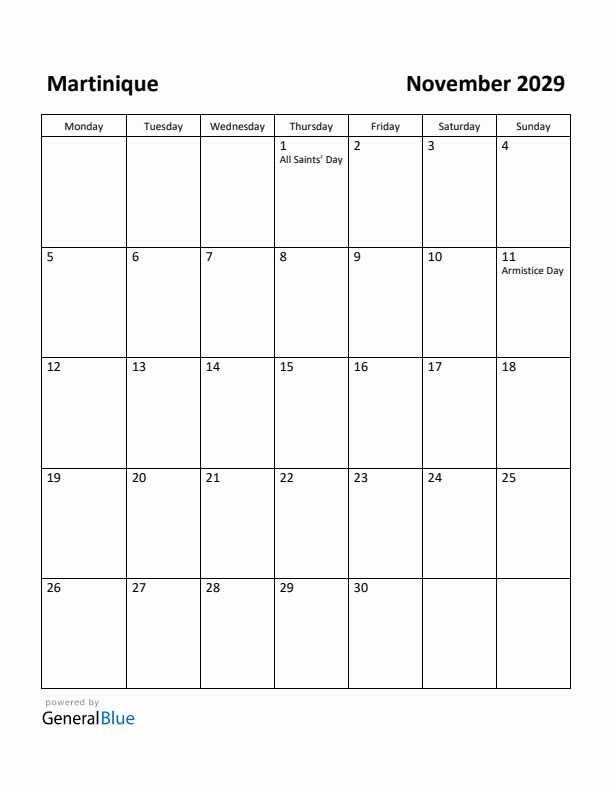 November 2029 Calendar with Martinique Holidays