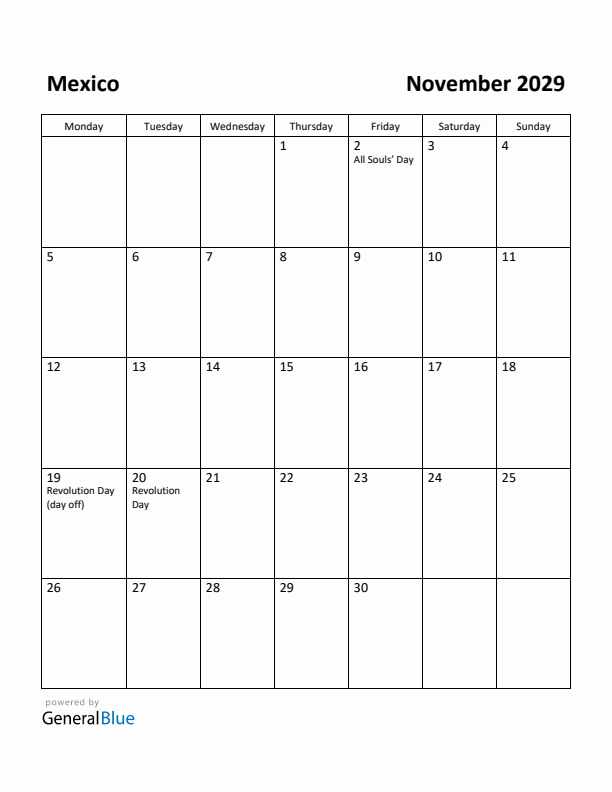 November 2029 Calendar with Mexico Holidays