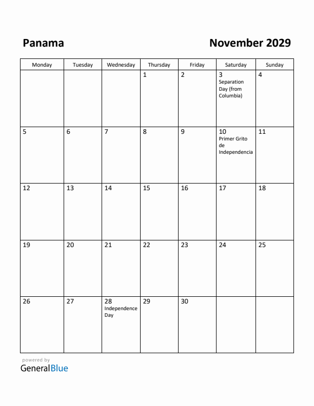 November 2029 Calendar with Panama Holidays