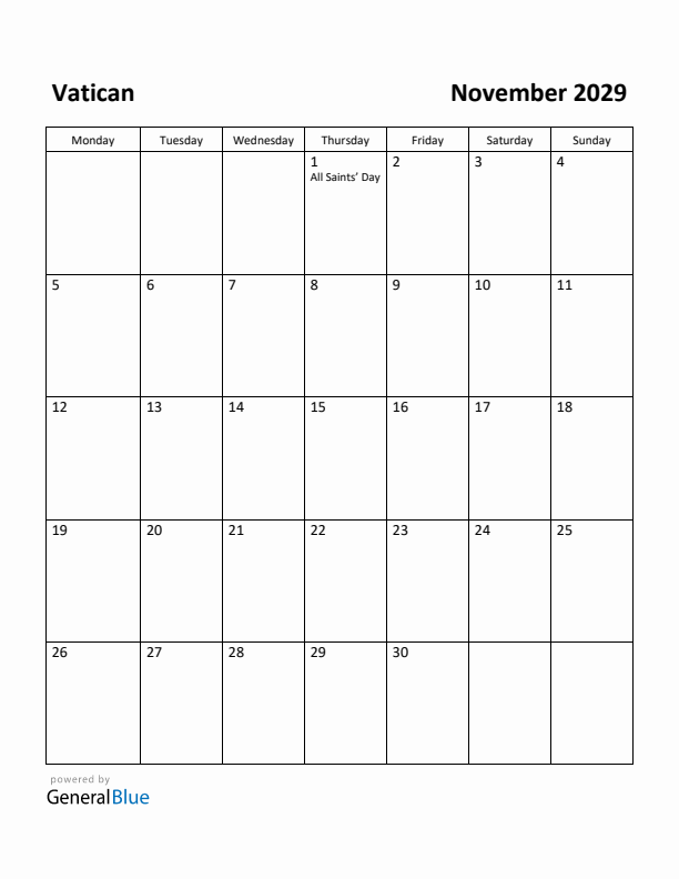 November 2029 Calendar with Vatican Holidays