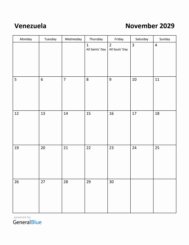 November 2029 Calendar with Venezuela Holidays