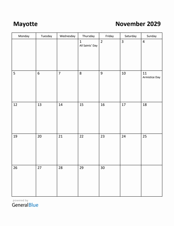 November 2029 Calendar with Mayotte Holidays