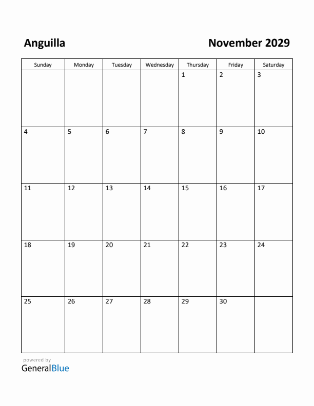November 2029 Calendar with Anguilla Holidays