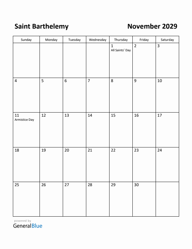 November 2029 Calendar with Saint Barthelemy Holidays