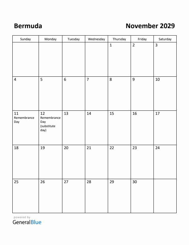 November 2029 Calendar with Bermuda Holidays