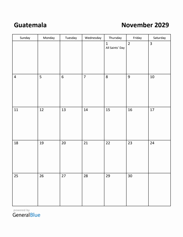 November 2029 Calendar with Guatemala Holidays