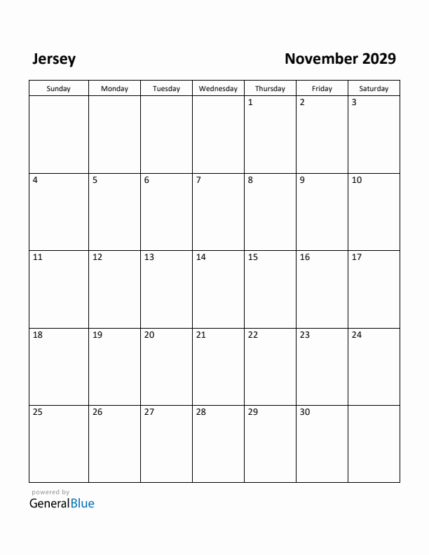 November 2029 Calendar with Jersey Holidays