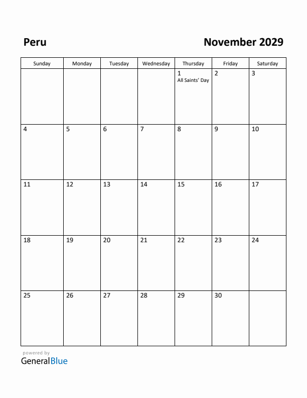 November 2029 Calendar with Peru Holidays