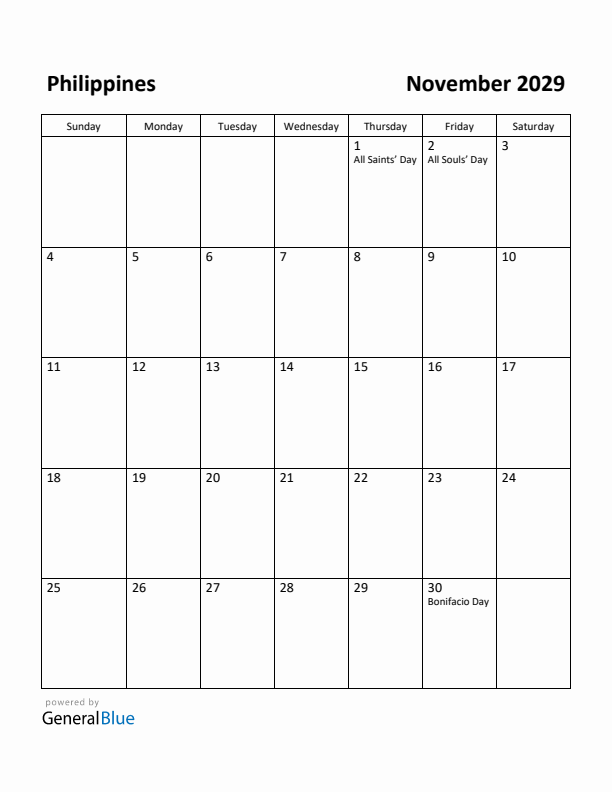 November 2029 Calendar with Philippines Holidays