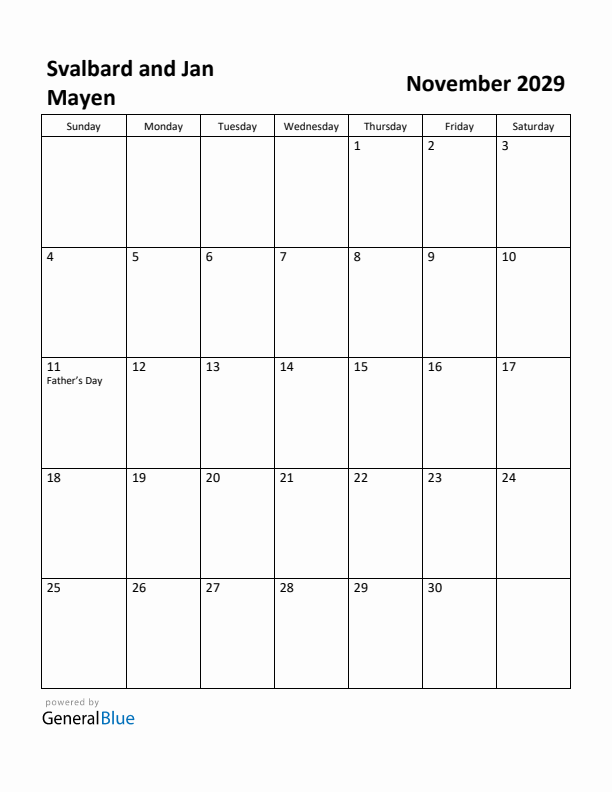 November 2029 Calendar with Svalbard and Jan Mayen Holidays